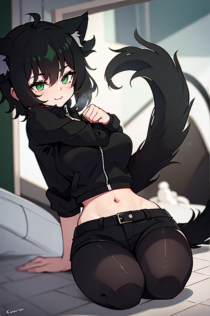 young kitten with green eyes, fluffy fur (black and white), in a sexy pose, wearing a tight short jean shorts, and a black leather jacket, with a fluffy tail