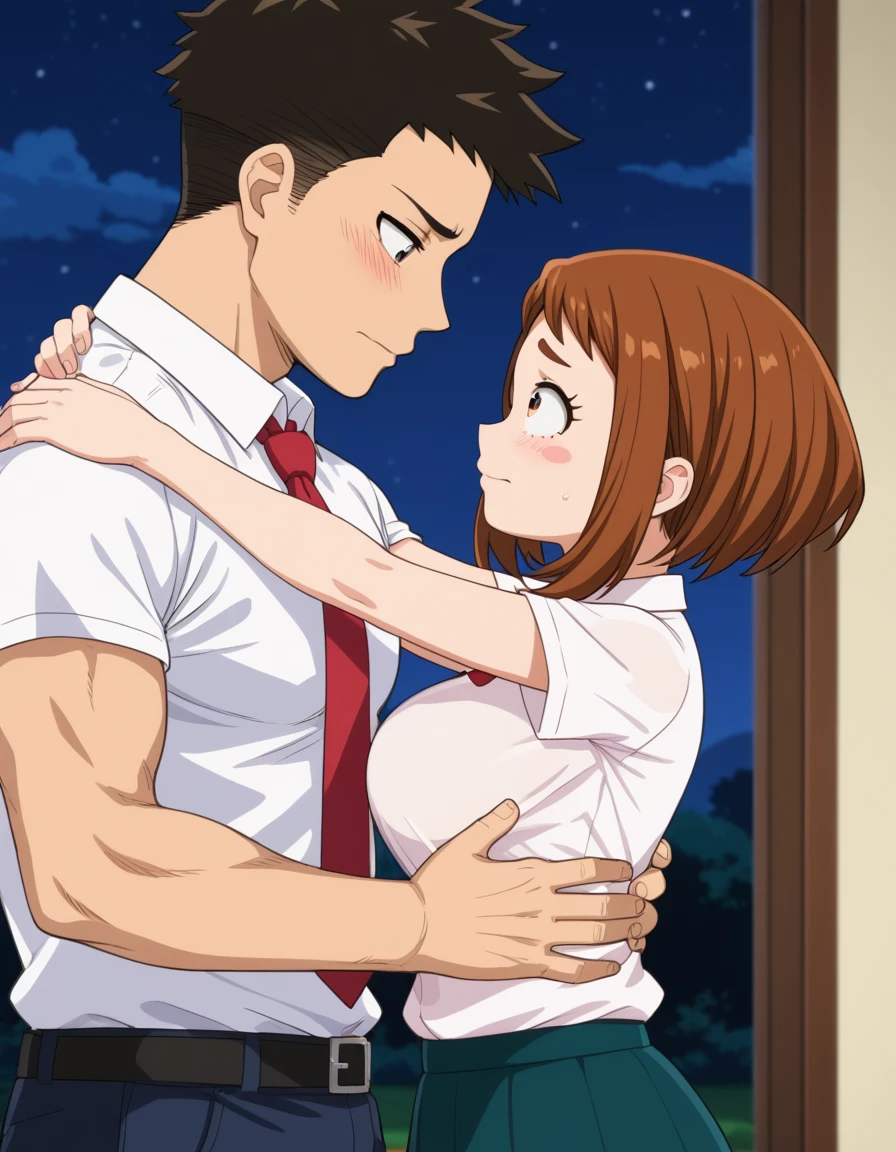 score_6_up, best quality, anime screencap, 1girl, ochako uraraka, brown eyes, brown hair, short hair, big breast, embarrassed_female, white shirts, skirt, red tie, (1boy, faceless male, male face out of frame, size difference), standing, face to face, from side view, hug, (bedroom, night), profile