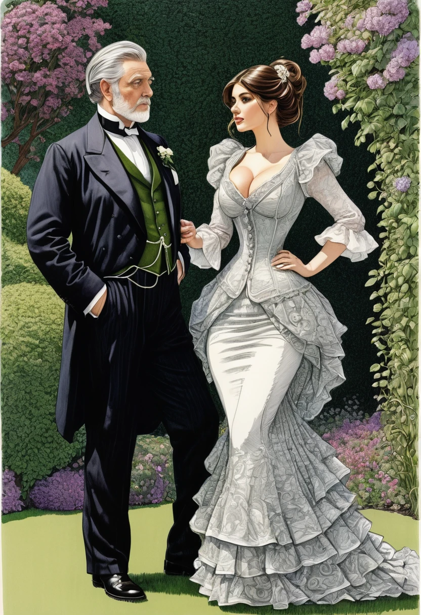 Victorian garden, Rapunzel-haired woman in the form of Lucy Pinder, curvaceous, hourglass silhouette, converses confidentially with an older male vicar in a tailored period suit, both clad in ornate Victorian garments, frilly dress draping elegantly, Charles Dana Gibson finesse, Punch magazine 1900 style, lively illustration, intricate linework, hatched shading, capturing textures of fabric and foliage, flirtatious undertones, detailed textures, pen and ink, coloured drawing pencil drawing 