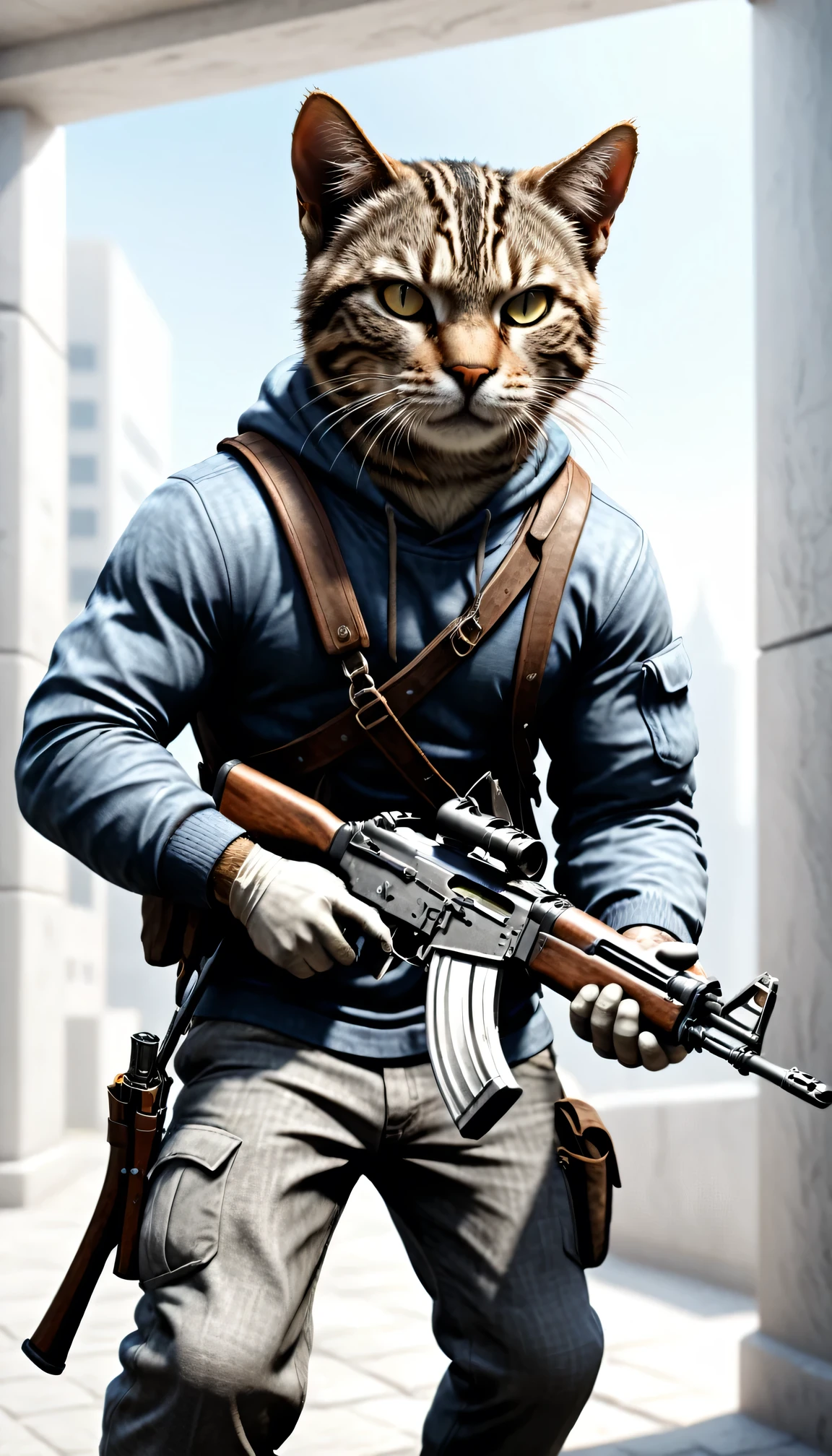 Cat bank robber holding an AK47 charging towards the viewer, detailed, Realistic, 8K Ultra HD, high quality