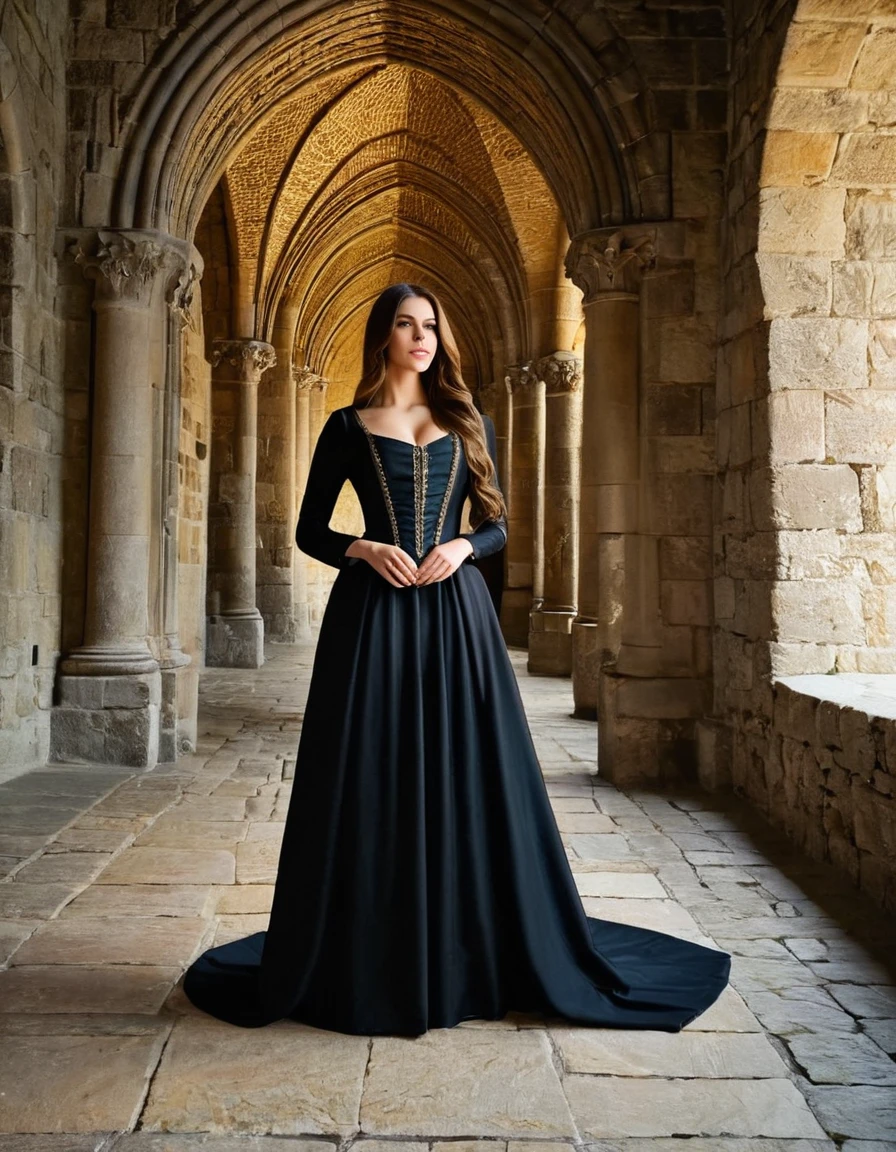 A woman with long brown hair, dressed in a black medieval dress, standing in a grand castle with tall, stone walls and tapestries.