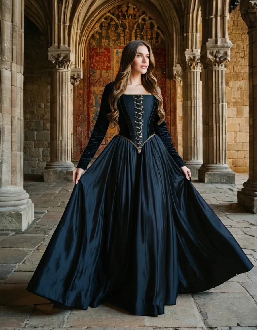 A woman with long brown hair, dressed in a black medieval dress, standing in a grand castle with tall, stone walls and tapestries.