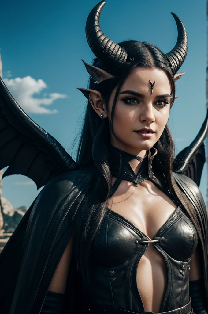 Human with a pair of majestic black wings, horns, pointed ears, fangs