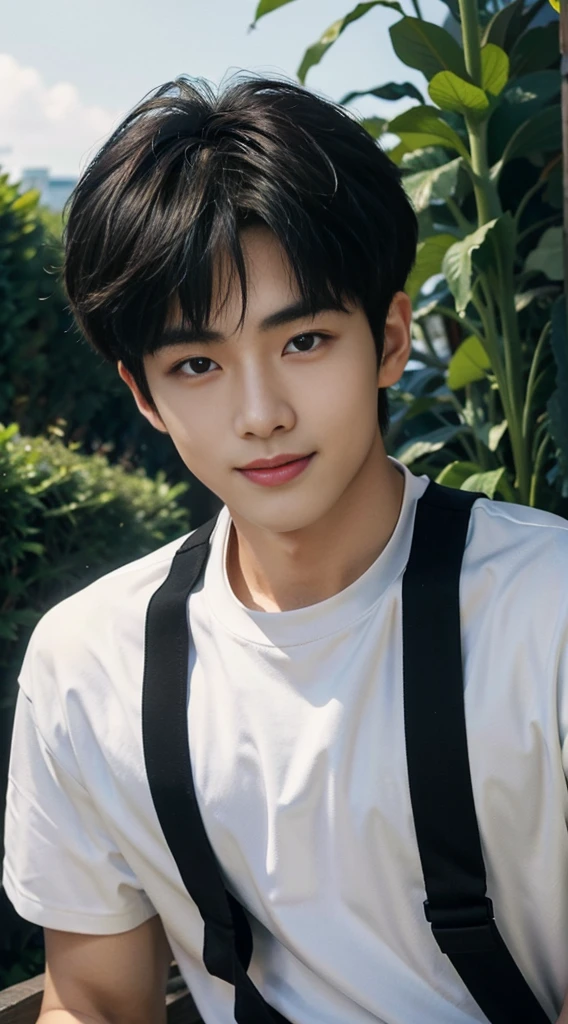 (As a matter of fact, Masterpiece, 8k HD, good light quality, sportswear, fit the face, complicated details), A handsome, muscular young Korean man. , 20 years old, be happy, smile brightly, detailed face, delicate eyes, มองดูsky, Wear casual clothes, period, black eyes, Black hair color, ผมsmooth, smooth, outdoor sports, Along the garden, Sunny,sky,Surreal,Awesome details,Highest quality,real,