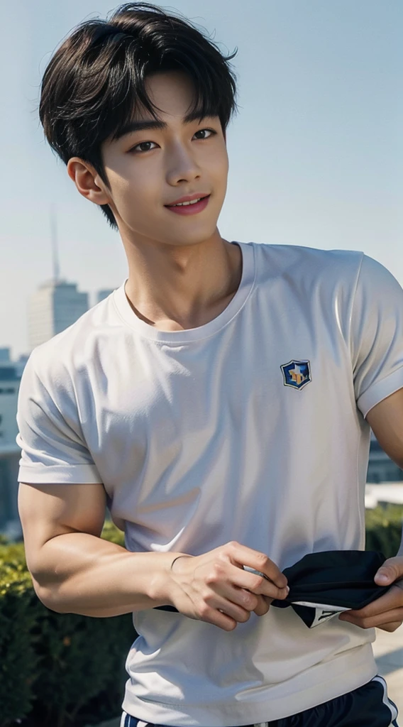 (As a matter of fact, Masterpiece, 8k HD, good light quality, sportswear, fit the face, complicated details), A handsome, muscular young Korean man. , 20 years old, be happy, smile brightly, detailed face, delicate eyes, มองดูsky, Wear casual clothes, period, black eyes, Black hair color, ผมsmooth, smooth, outdoor sports, Along the garden, Sunny,sky,Surreal,Awesome details,Highest quality,real,