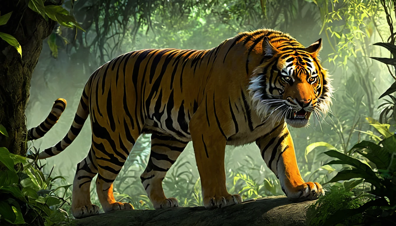 Create a striking and eerie image of Tekhumiavi, the were-tiger from Indian folklore. Tekhumiavi should be depicted as a fearsome humanoid creature with tiger-like features. Its body should be muscular and covered in orange and black tiger stripes, blending human and tiger characteristics. The face should have a mix of human and tiger traits, with glowing, predatory eyes, a snarling mouth with sharp fangs, and ears slightly pointed. The hands and feet should have sharp claws, and a long, sinuous tail should add to its animalistic appearance. The scene should be set in a dense jungle at night, with moonlight filtering through the canopy, casting dappled shadows. Surround the creature with lush foliage, twisted vines, and ancient trees, adding to the primal and untamed atmosphere. The overall mood should be dark, mysterious, and filled with a sense of lurking danger, capturing the terrifying and elusive nature of Tekhumiavi, the were-tiger."