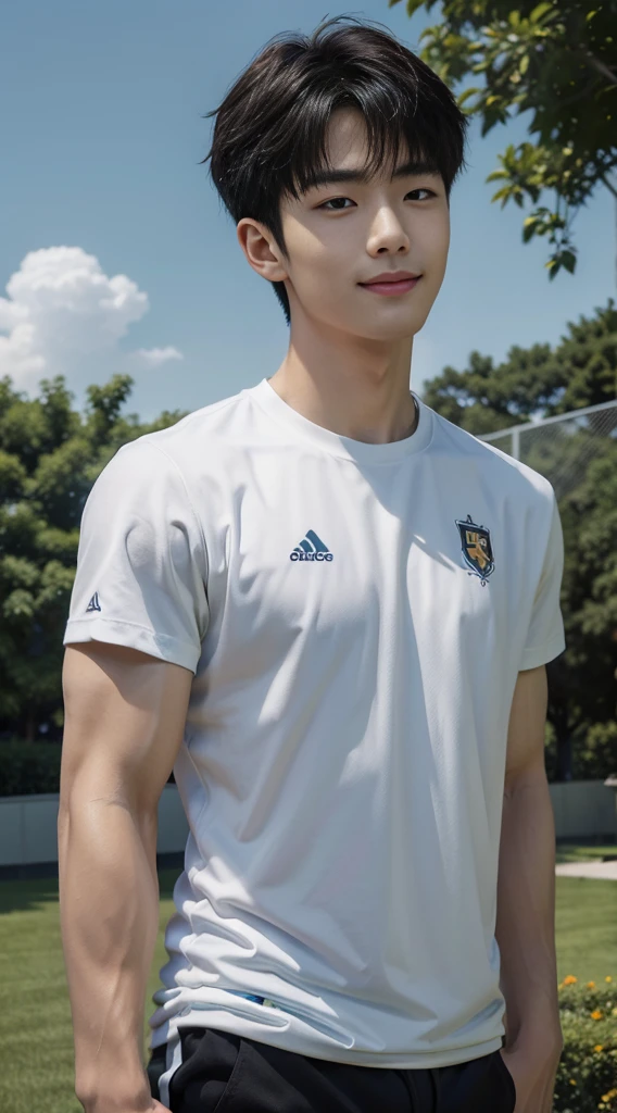 (As a matter of fact, Masterpiece, 8k HD, good light quality, sportswear, fit the face, complicated details), A handsome, muscular young Korean man. , 20 years old, be happy, smile brightly, detailed face, delicate eyes, มองดูsky, Wear casual clothes, period, black eyes, Black hair color, ผมsmooth, smooth, outdoor sports, Along the garden, Sunny,sky,Surreal,Awesome details,Highest quality,real,