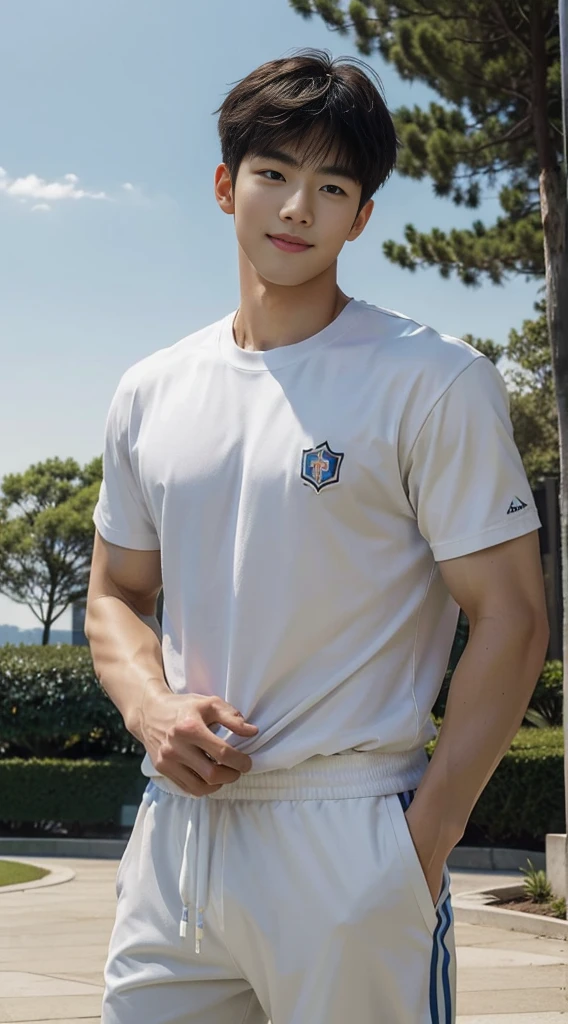 (As a matter of fact, Masterpiece, 8k HD, good light quality, sportswear, fit the face, complicated details), A handsome, muscular young Korean man. , 20 years old, be happy, smile brightly, detailed face, delicate eyes, มองดูsky, Wear casual clothes, period, black eyes, Black hair color, ผมsmooth, smooth, outdoor sports, Along the garden, Sunny,sky,Surreal,Awesome details,Highest quality,real,
