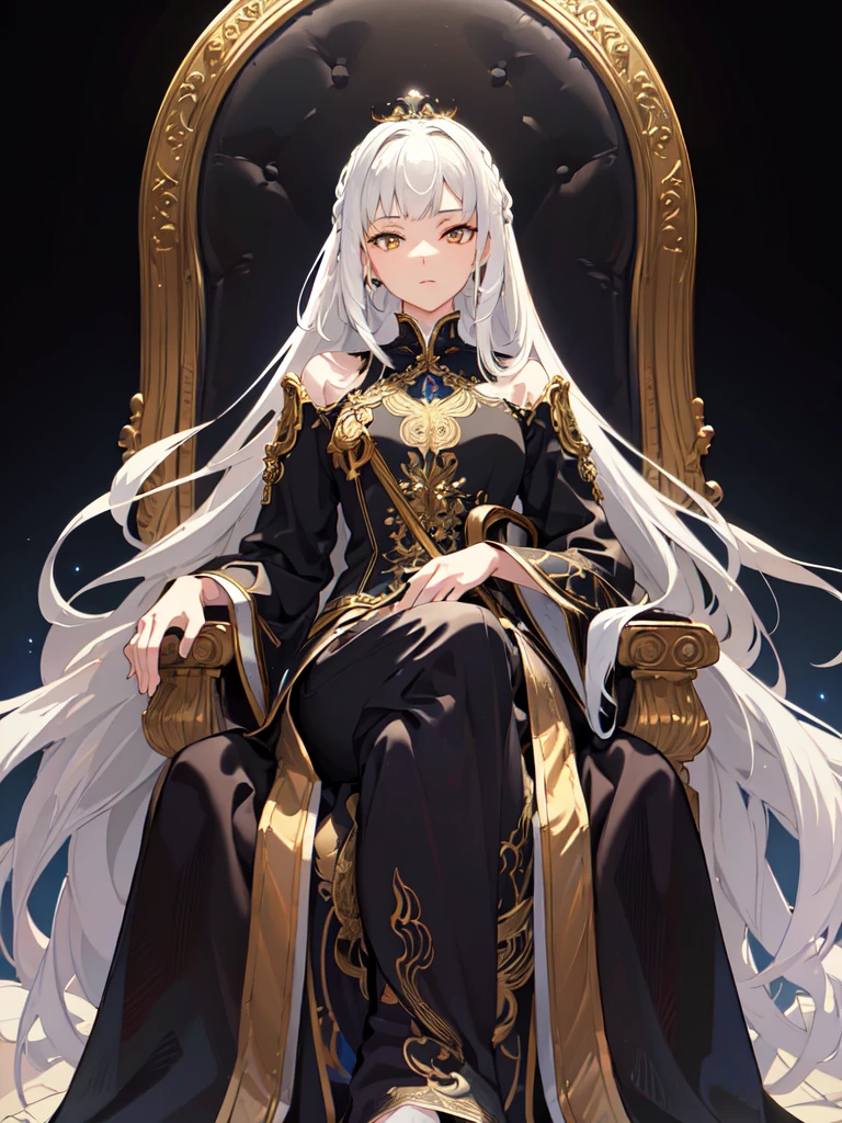 (Masterpiece:1.2), best quality, (illustration:1.2), (ultra-detailed), hyper details, (delicate detailed), (intricate details), (cinematic light, best quality Backlights), clear line, from below, soloist, perfect body, (1girl), white hair and yellow eyes, (emperor, black see-through clothes), (crown: 1.1), sitting on the throne, eyes slightly closed, head down, (shy: 1.2 ), (makeup), high contrast, (best illumination, an extremely create and beautiful), (cinematic light), colorful,