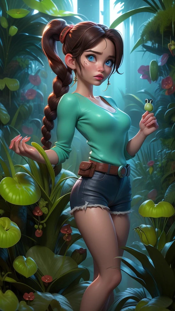 (La Best Quality,A high resolution,Ultra - detailed,actual),  Lara Croft from Tomb Raider, ruined city in the jungle, soggy,More detailed 8K.unreal engine:1.4,HD,La Best Quality:1.4, photorealistic:1.4, skin texture:1.4, Masterpiece:1.8,Masterpiece, Best Quality,object object], (detailed facial features:1.3),(The correct proportions),(convex Detailed fingers),(Beautiful blue eyes),(cowboy pose ), (background African jungle ruins carnivorous plants.:1.4) ,(hair braid pigtail) 