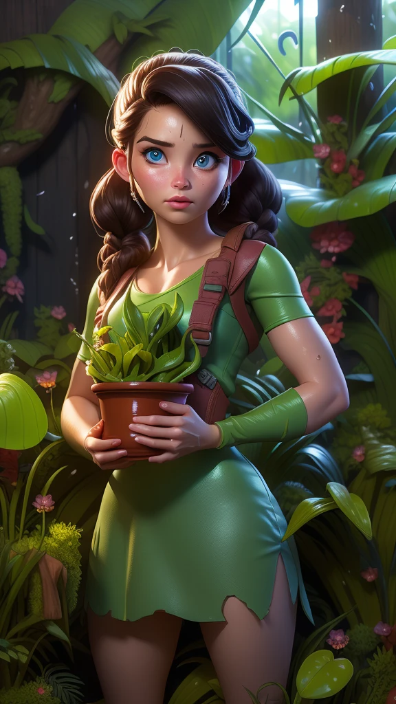 (La Best Quality,A high resolution,Ultra - detailed,actual),  Lara Croft from Tomb Raider, ruined city in the jungle, soggy,More detailed 8K.unreal engine:1.4,HD,La Best Quality:1.4, photorealistic:1.4, skin texture:1.4, Masterpiece:1.8,Masterpiece, Best Quality,object object], (detailed facial features:1.3),(The correct proportions),(convex Detailed fingers),(Beautiful blue eyes),(cowboy pose ), (background African jungle ruins carnivorous plants.:1.4) ,(hair braid pigtail) 