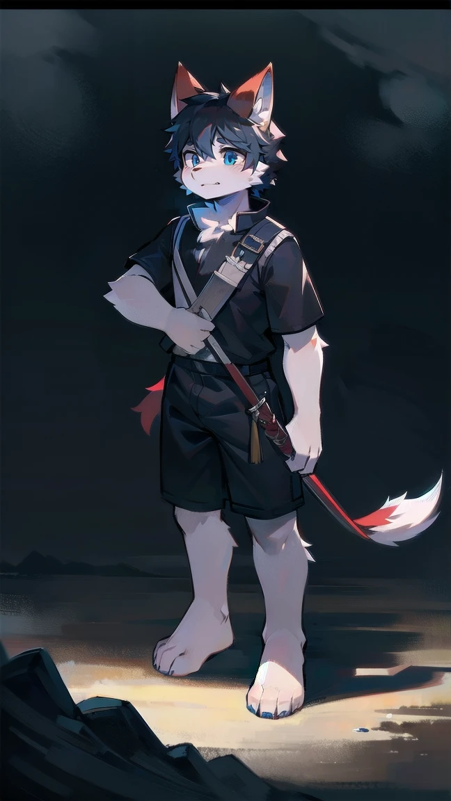 White Wolf，black hair，Sky blue eyes，hairy，Wolf ears，Wolf tail，Full body portrait，The character is in the center of the frame，Handsome，Confident eye***but，juvenile，Black and white combat uniform，Red neck bib，Black shorts，Short sleeve，hairy arms and legs，Dark background，Dark battlefield，dawn，sunrise，dawn，illumination，shadow，Swordsman，Scabbard and Hold the hilt of a in your hand，The scabbard is at the waist，Highest quality,A tall stature