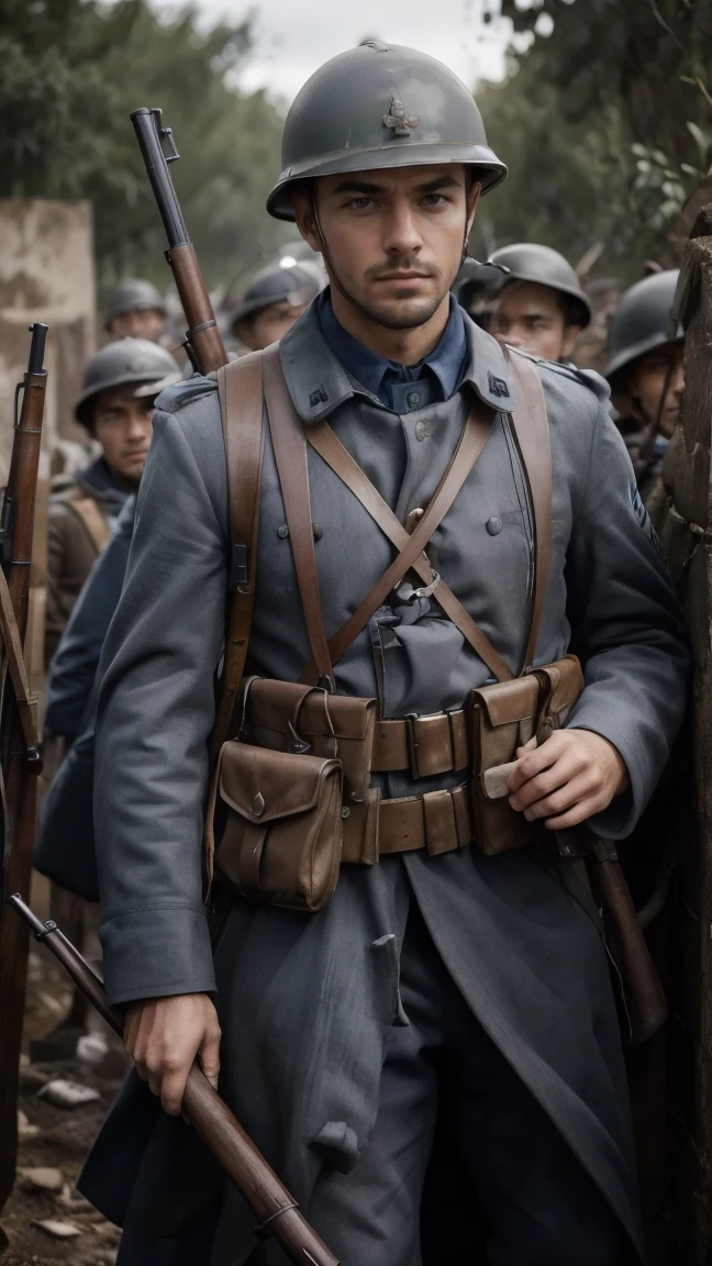 (masterpiece), best quality, expressive eyes, perfect face, All quiet on western Front, man, trenches, dirty, uniform, realistic, HD, Rifle
