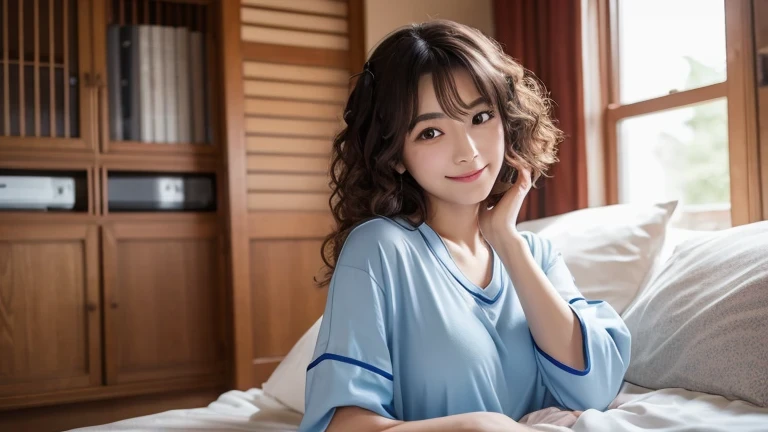 Produce the highest quality and highest resolution 8K images。Please draw the whole body of a 20 year old Japanese woman.。Please draw an image of you relaxing in your room with a smile on your face.。She has brown eyes and a model figure.、She has an idol-level cute face.。The hair is curly。She is wearing long-sleeved light blue pajamas。