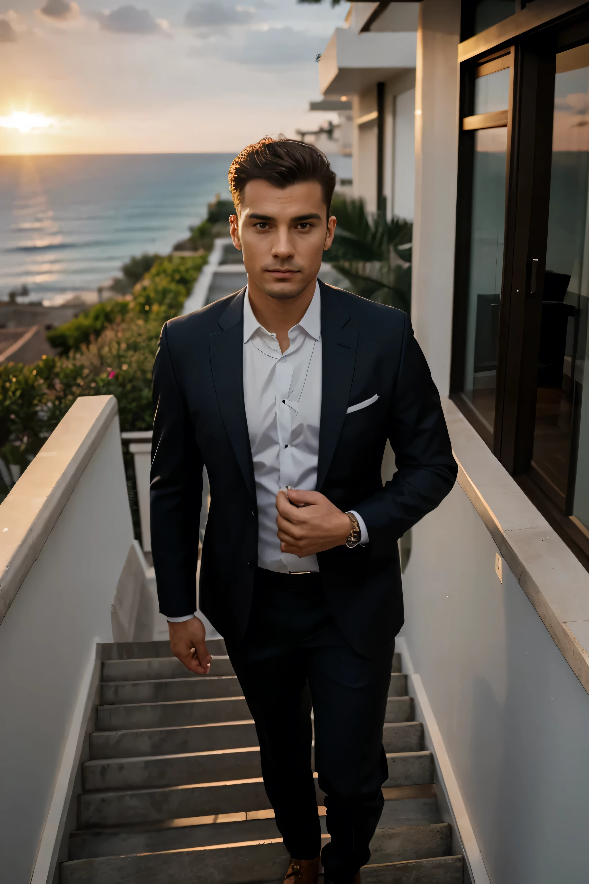 man in a suit standing in a hallway with a stair case, dressed in a suit, in strict suit, in his suit, ready for a meeting, he is wearing a suit, , in a suit, with a business suit, vestindo um terno, wearing business suit, business clothes, I live in the sea, Close up, on focus, raw camera, beautiful sunset and sea, shapely body