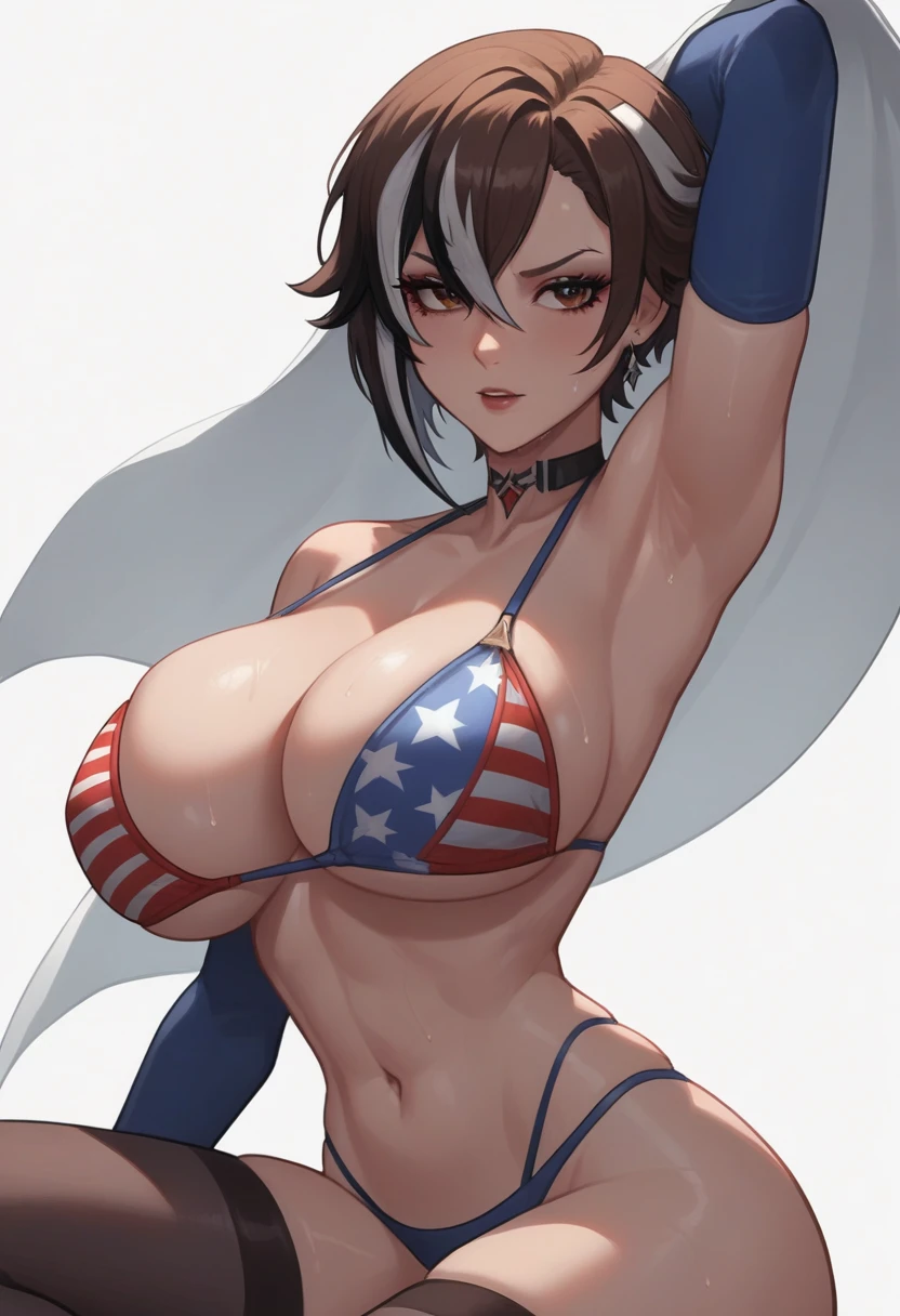 score_9, score_8_up, score_7_up,derpibooru_p_95, source_anime, very aesthetic, anime screencap, anime coloring, arlecchino \(genshin impact\), , 1girl, solo, breasts, short hair, large breasts, simple background, brown hair, thighhighs, gloves, white background, navel, cleavage, brown eyes, swimsuit, bikini, sweat, elbow gloves, huge breasts, blue gloves, flag print, american flag bikini