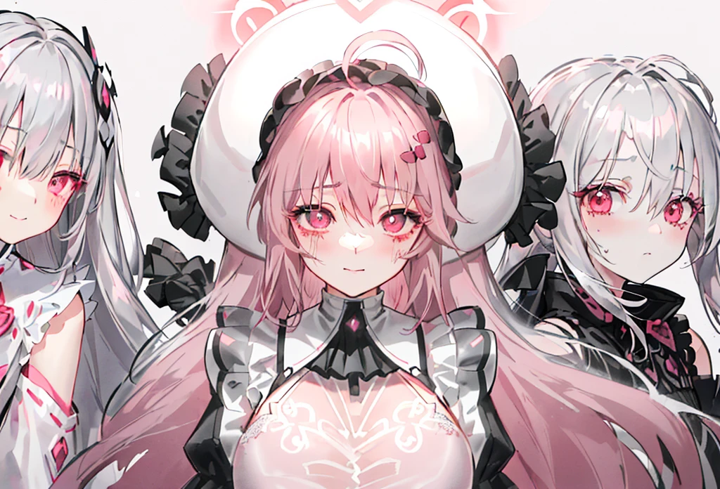 blush-silver straight long hair、straight strong bangs, (Happy eyes: 1.8) (The left eye is gray: 1.5)(The right eye is dusty rose: 1.5) (Looking forward: 1.5)( character in black and gray and rose red leather lace diamond ornamented costume, anime girls , Cool silver gray haired god, gray and dusty rose Odd-Eye