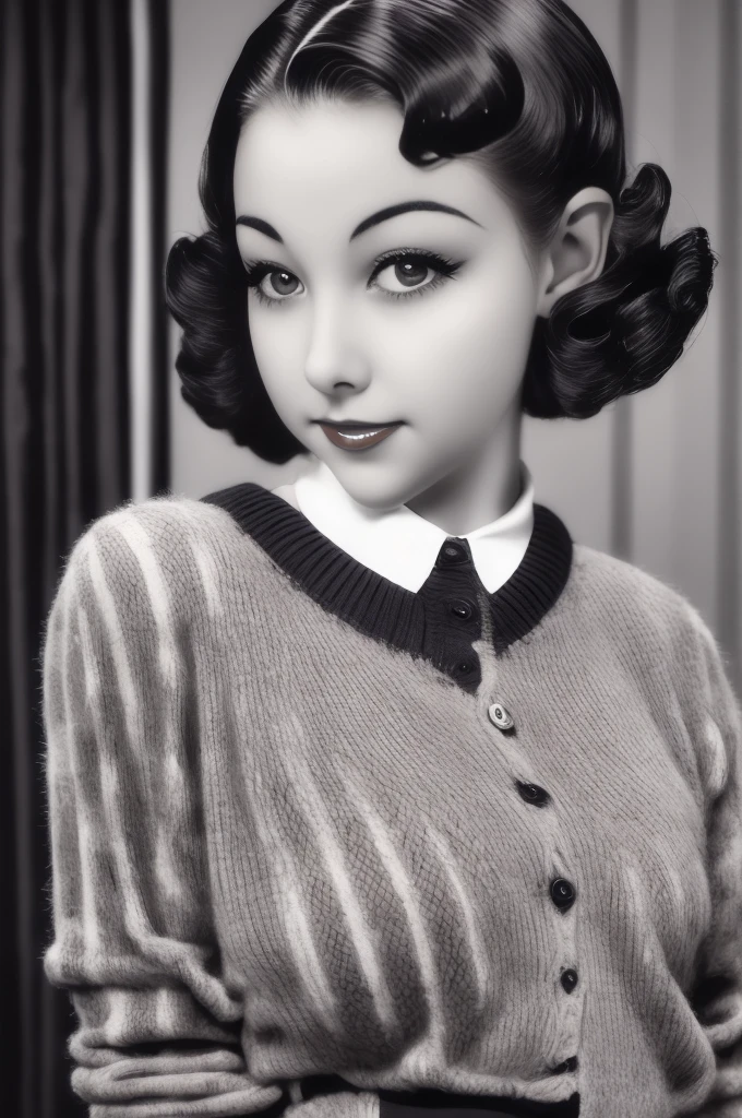 a black and white photo of a woman with a plaid sweater, 1 9 3 0 s haircut, 1 9 4 0 s haircut, 1 9 2 0 s hairstyle, taken in the early 1930s, in her early 20s, 1930s photograph, september 1937, 1930s film still