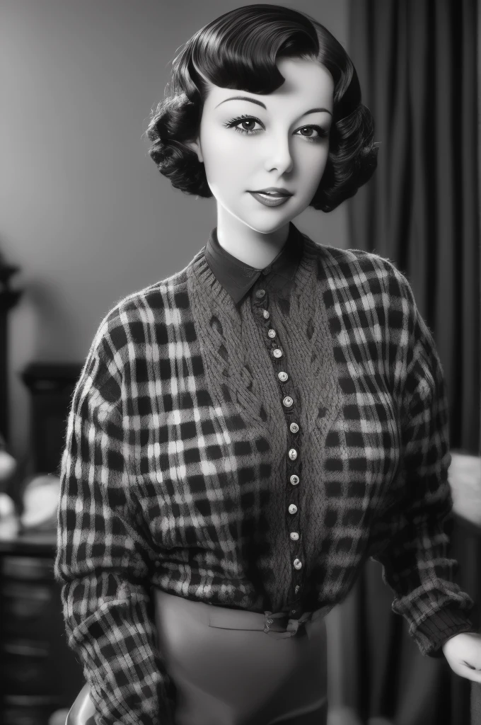 a black and white photo of a woman with a plaid sweater, 1 9 3 0 s haircut, 1 9 4 0 s haircut, 1 9 2 0 s hairstyle, taken in the early 1930s, in her early 20s, 1930s photograph, september 1937, 1930s film still