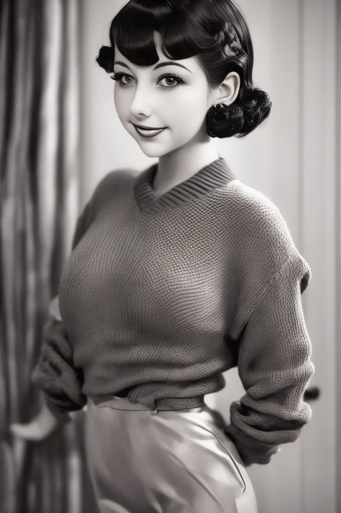 a black and white photo of a woman with a plaid sweater, 1 9 3 0 s haircut, 1 9 4 0 s haircut, 1 9 2 0 s hairstyle, taken in the early 1930s, in her early 20s, 1930s photograph, september 1937, 1930s film still