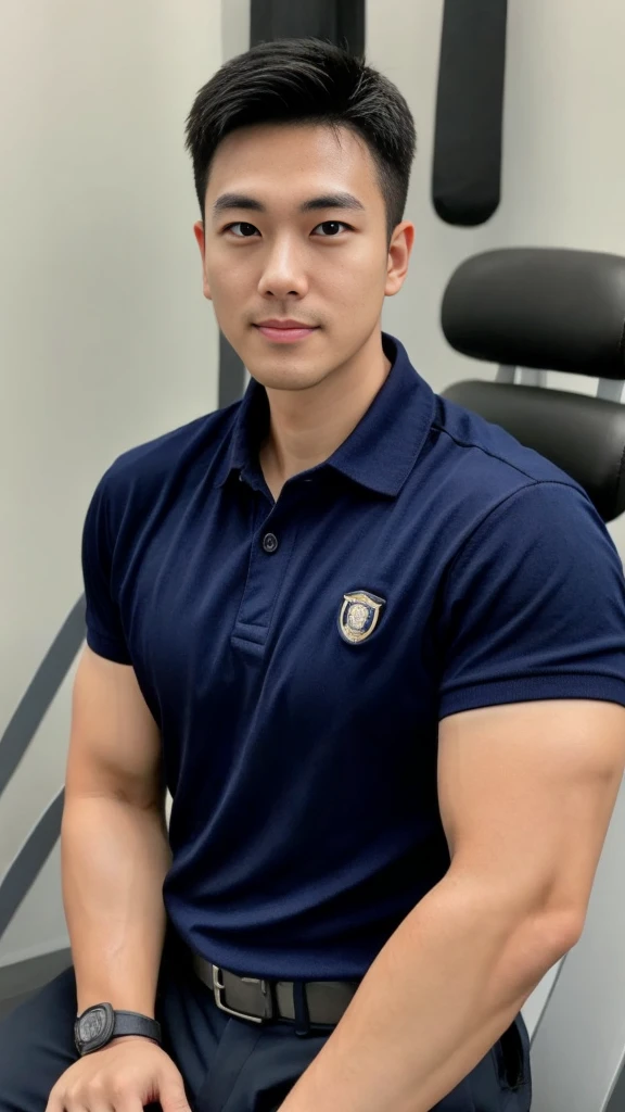 A male police officer in his 20s poses for a group photo., Wear a navy blue polo shirt., high resolution, Masterpiece, best quality, head:1.3,, Smooth and fine skin, clear focus, (movie light), during the night, gentle light, Dynamic angle, (detailed face:1.2), (((exercise))), sport, His arm muscles were very big., hand in crotch, in his office