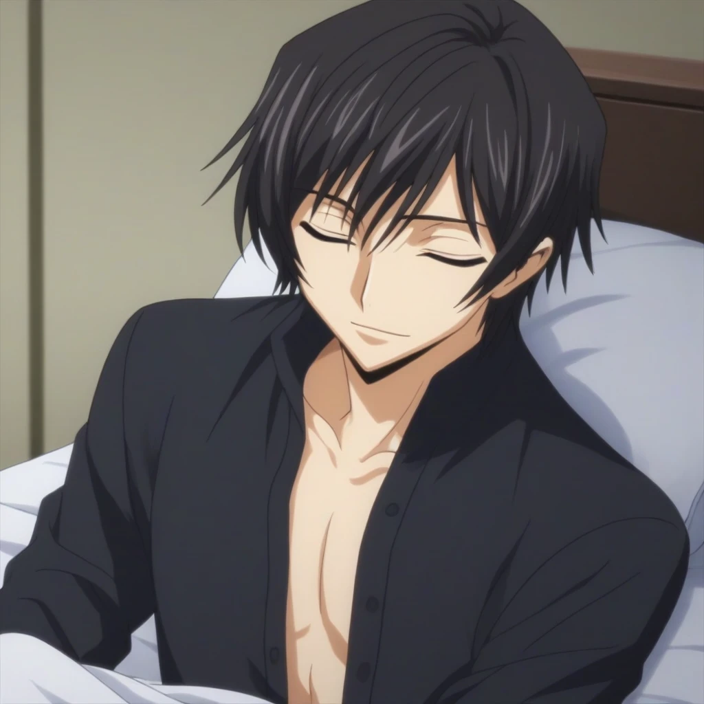 score_9, score_8_up, score_7_up, source_anime, rating_safe, intricate details, anime screencap, , , looking at viewer, depth of field, 1boy, solo, male focus, lelouch_lamperouge, black hair, purple eyes, bangs, smile, closed eyes, sleeping, cute, black pajamas costume,, bed room, night,