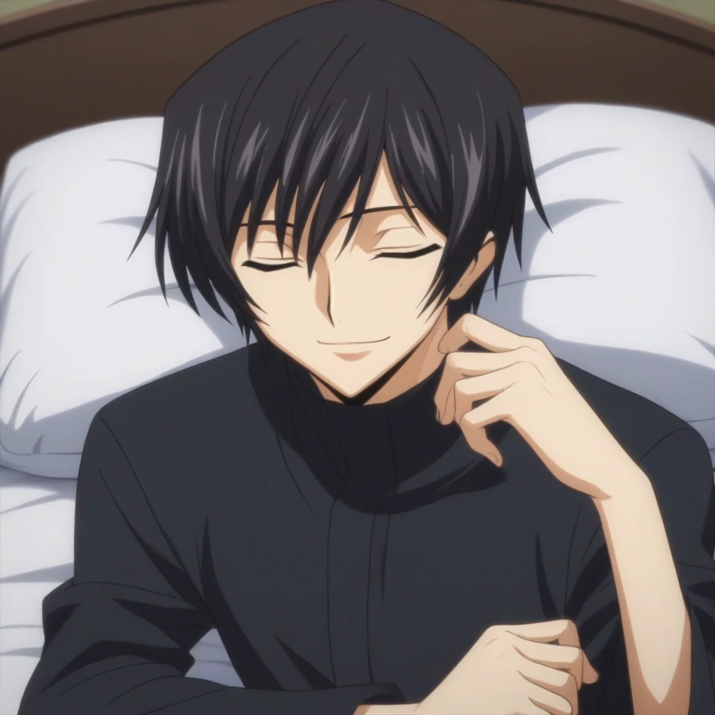 score_9, score_8_up, score_7_up, source_anime, rating_safe, intricate details, anime screencap, , , looking at viewer, depth of field, 1boy, solo, male focus, lelouch_lamperouge, black hair, purple eyes, bangs, smile, closed eyes, sleeping, cute, black pajamas costume,, bed room, night,