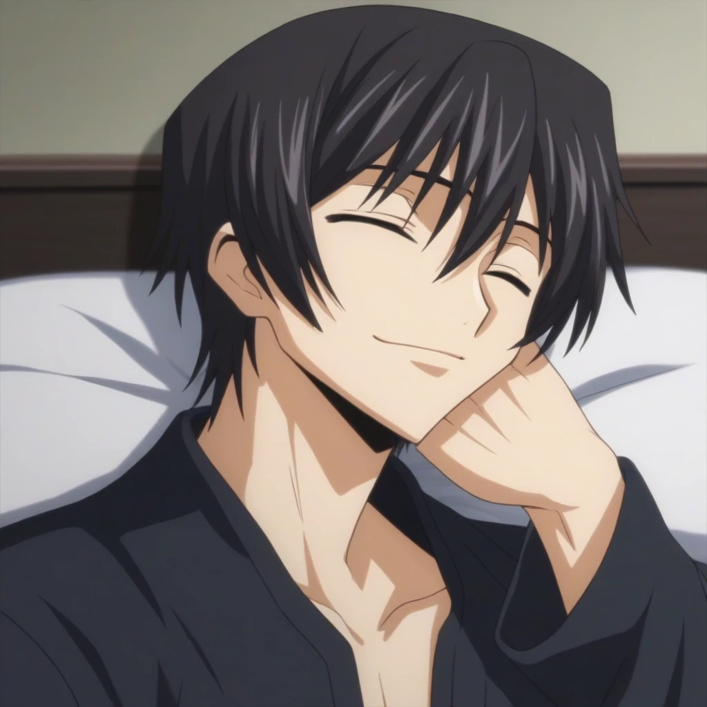 score_9, score_8_up, score_7_up, source_anime, rating_safe, intricate details, anime screencap, , , looking at viewer, depth of field, 1boy, solo, male focus, lelouch_lamperouge, black hair, purple eyes, bangs, smile, closed eyes, sleeping, cute, black pajamas costume,, bed room, night,