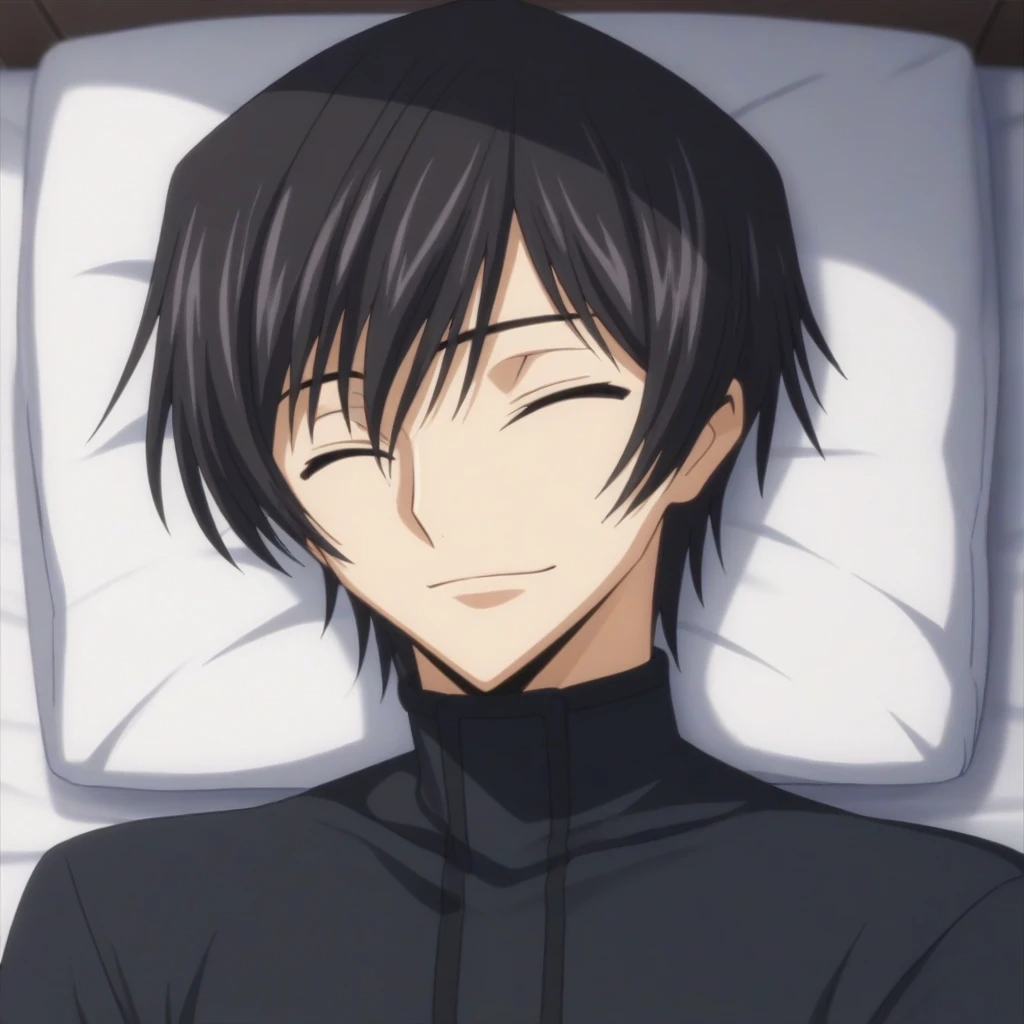 score_9, score_8_up, score_7_up, source_anime, rating_safe, intricate details, anime screencap, , , looking at viewer, depth of field, 1boy, solo, male focus, lelouch_lamperouge, black hair, purple eyes, bangs, smile, closed eyes, sleeping, cute, black pajamas costume,, bed room, night,