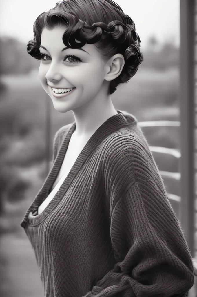 a black and white photo of a woman with a plaid sweater by Albert Nemethy, flickr, op art, 1 9 3 0 s haircut, 1 9 4 0 s haircut, 1 9 2 0 s hairstyle, taken in the early 1930s, in her early 20s, 1930s photograph, september 1937