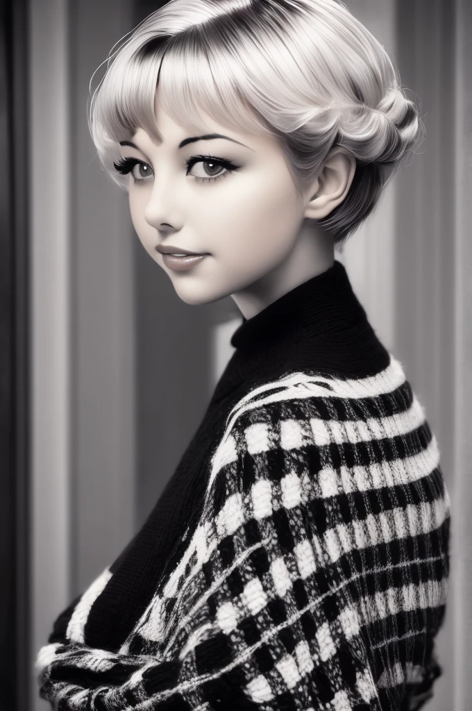 a black and white photo of a woman with a plaid sweater by Albert Nemethy, flickr, op art, 1 9 3 0 s haircut, 1 9 4 0 s haircut, 1 9 2 0 s hairstyle, taken in the early 1930s, in her early 20s, 1930s photograph, september 1937