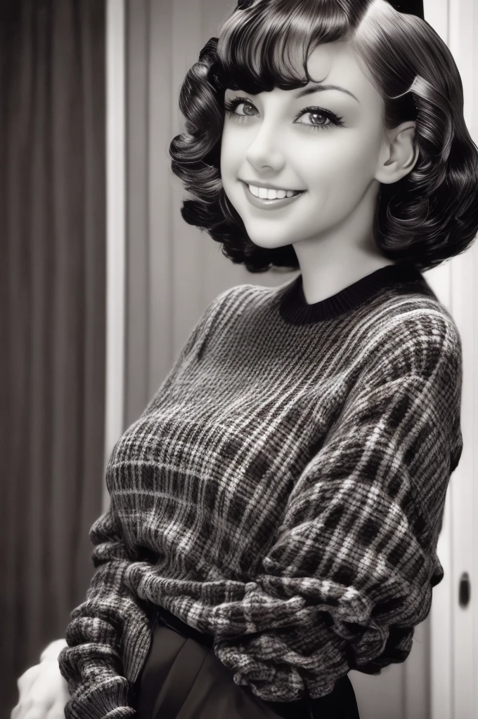 a black and white photo of a woman with a plaid sweater by Albert Nemethy, flickr, op art, 1 9 3 0 s haircut, 1 9 4 0 s haircut, 1 9 2 0 s hairstyle, taken in the early 1930s, in her early 20s, 1930s photograph, september 1937