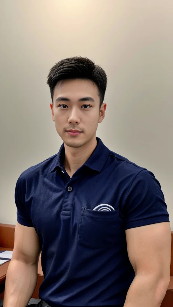 A male police officer in his 20s poses for a group photo., Wear a navy blue polo shirt., high resolution, Masterpiece, best quality, head:1.3,, Smooth and fine skin, clear focus, (movie light), during the night, gentle light, Dynamic angle, (detailed face:1.2), (((exercise))), sport, His arm muscles were very big., hand in crotch, in his office