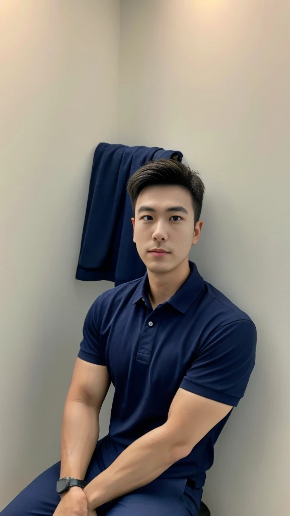 A male police officer in his 20s poses for a group photo., Wear a navy blue polo shirt., high resolution, Masterpiece, best quality, head:1.3,, Smooth and fine skin, clear focus, (movie light), during the night, gentle light, Dynamic angle, (detailed face:1.2), (((exercise))), sport, His arm muscles were very big., hand in crotch, in his office