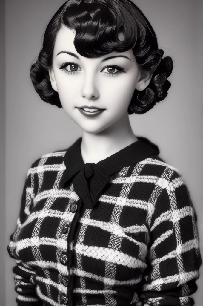 a black and white photo of a woman with a plaid sweater, 1 9 3 0 s haircut, 1 9 4 0 s haircut, 1 9 2 0 s hairstyle, taken in the early 1930s, in her early 20s, 1930s photograph, september 1937, 1930s film still