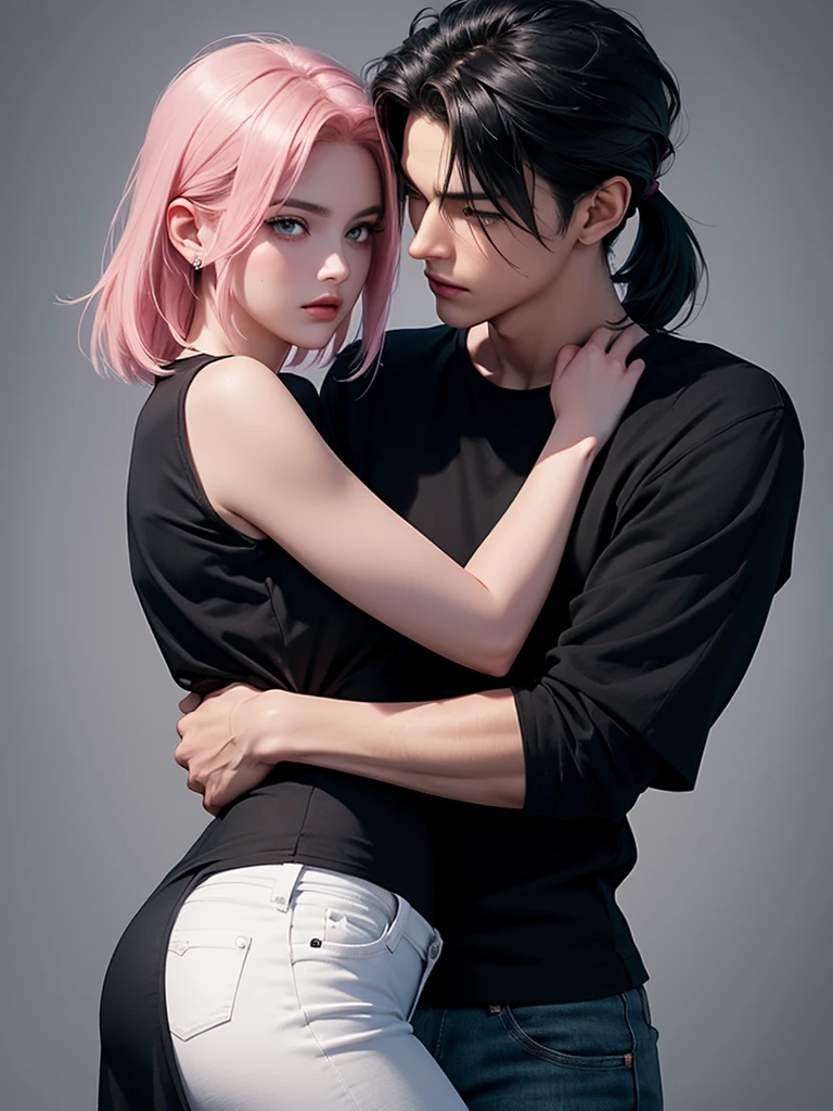 A tall handsome young man with black hair, with long black hair gathered in a tight ponytail, short bangs, black eyes, he is wearing a white T-shirt and white jeans and he hugs an incredibly beautiful femme fatale young woman, she has a pink hair with a very short haircut standing next to him, she has brilliant green eyes, She is wearing a simple black dress. Masterpiece, perfect image, realistic pictures, detailed face study, full-length image, 8k, detailed image. an extremely detailed illustration, a real masterpiece of the highest quality, with careful drawing. Sasuke Uchiha and Sakura Haruno