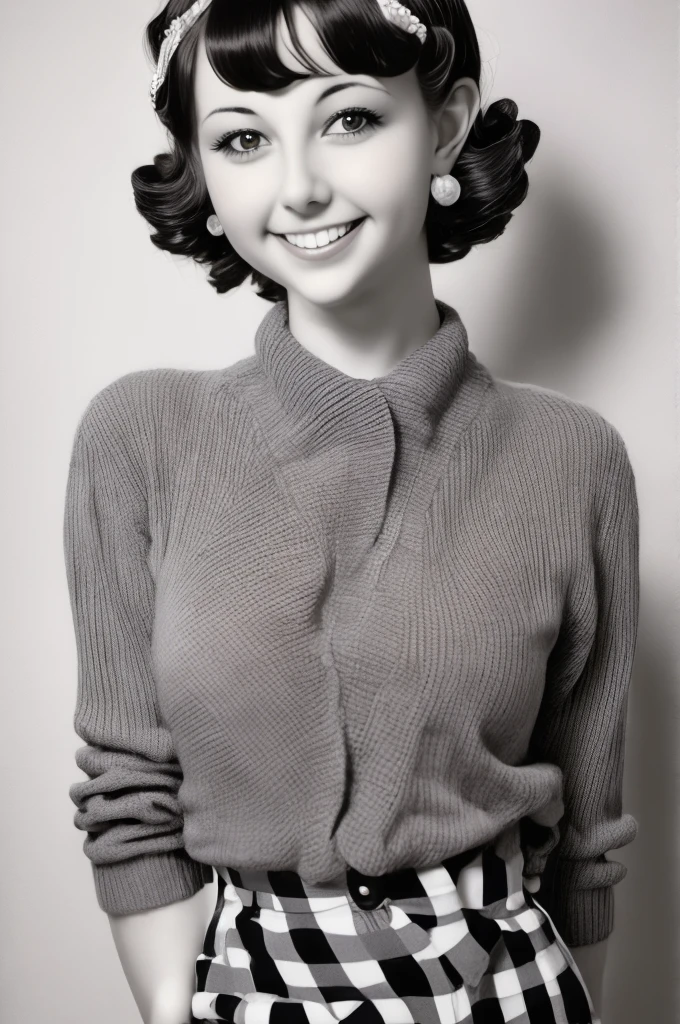 a black and white photo of a woman with a plaid sweater by Albert Nemethy, flickr, op art, 1 9 3 0 s haircut, 1 9 4 0 s haircut, 1 9 2 0 s hairstyle, taken in the early 1930s, in her early 20s, 1930s photograph, september 1937