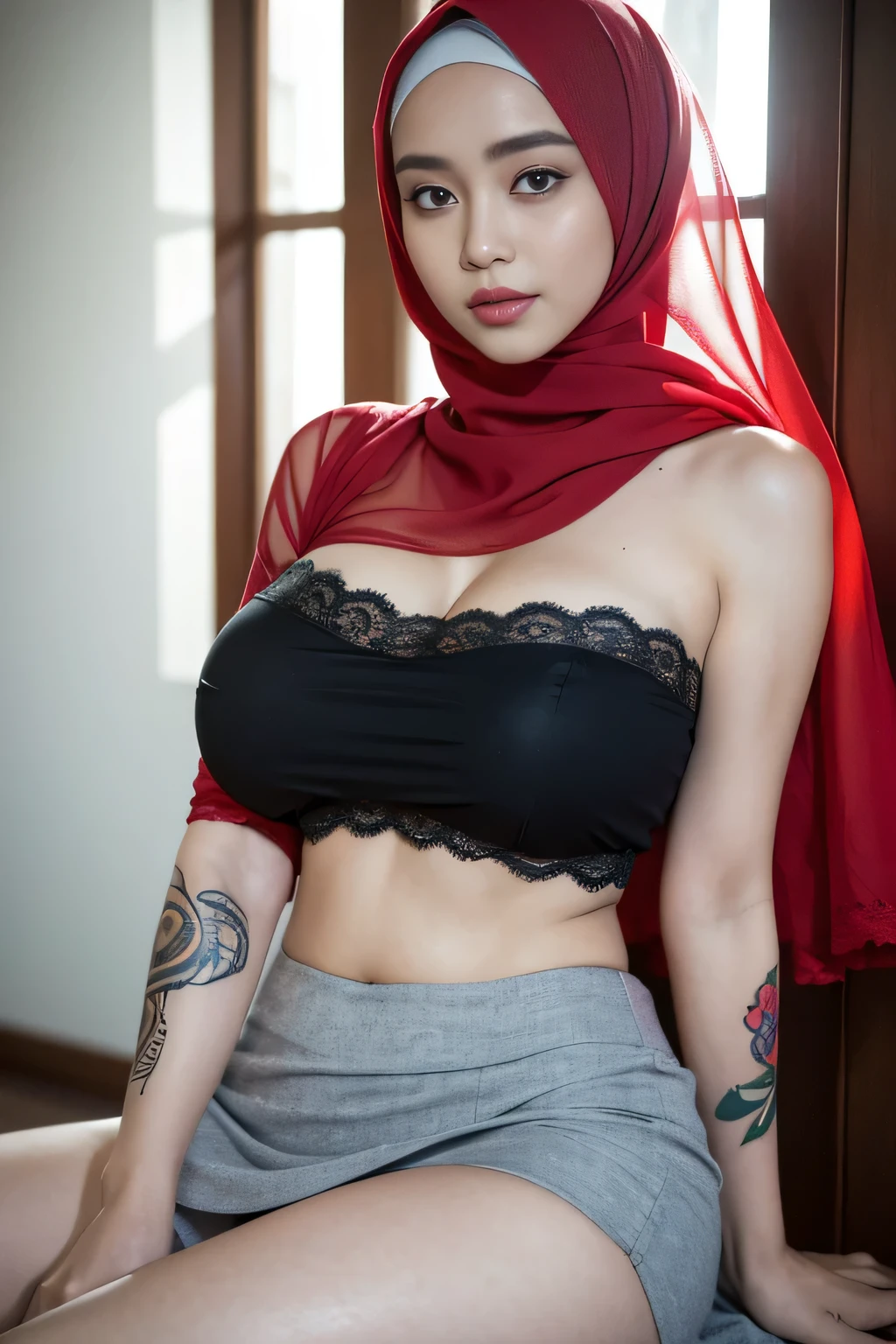 RAW, Best quality, high resolution, masterpiece: 1.3), 3 woman, woman in hijab, muslim, collorfull, Masterpiece, (Huge breasts), (gigantic breast), (massive brests), beutiful face, detail face, big gorgeous eyes, Soft smile, (tube shirt), (underboobs), (mini skirt), (see through), strapless,(lace nightwear), (navel tattoos), shairband, jakarta street, Excellent lighting, Bright colors, Clean lines, tattoo body, (tattoos)(yakuza tattoos breast, showing all her tattoos, tattoos), (indonesia teacher unifrom)