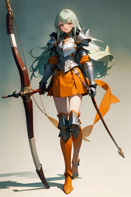 ((best quality)), ((masterpiece)), (detailed), 1girl, full body portrait, holding an orange archery longbow, silver breastplate, silver armor shoulder guards, silver gauntlets, (long green hair), high-waisted thigh-length orange skirt, the skirt is orange, orange knee-high boots, orange shoes, tall orange boots, orange knees, knight