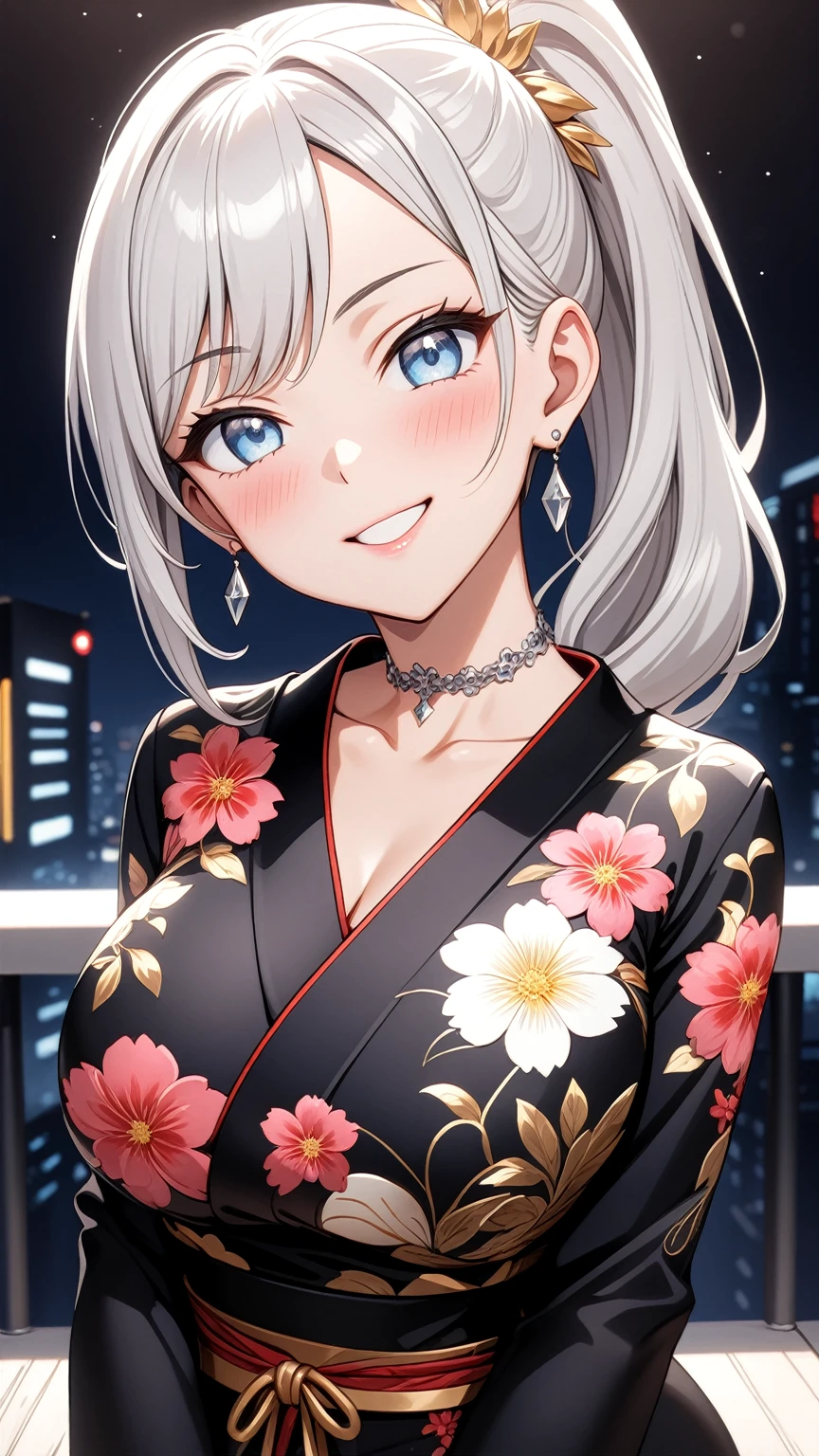 ((one woman)), Beautiful Face, Laughing embarrassedly, (laugh:1.2),((Wink:2.0)), (head tilt:1.5), Laugh with your mouth wide open, upper teeth, looking at viewer, ((full-face blush:1.6)),Glossy Red Lips, Night view, High rise building terrace, firework, Glossy red lips, Shining Face, ((anime colored)), ((Anime style background)),masterpiece, Highest quality, so beautiful,up to date, Complex details, (Pink long nails),(ring),(bracelet),(Floral choker),AI-generated, Complex,High resolution, Highest quality, super high quality,3D Images、3D Images, One person, Long white hair, High Ponytail, Anime woman posing for a photo, (blue eyes), ((Fine grain、Silvery white, lightly pigmented eyes、Shining Eyes:1.4)), (Squint your eyes:1.1),a hyperRealistic , hyperRealistic , Realistic,Anime woman with long white hair, Smooth anime CG art, ((A woman in a gold embroidered kimono)), ((Long sleeve black kimono:1.4)),((Red floral pattern:1.3)),Long flower hair ornament,Earrings,Mature Body,Adult women, (Big Breasts:1.1),Tall,Abdominal muscles,Tight waist,(face focus:1.1), (front view),