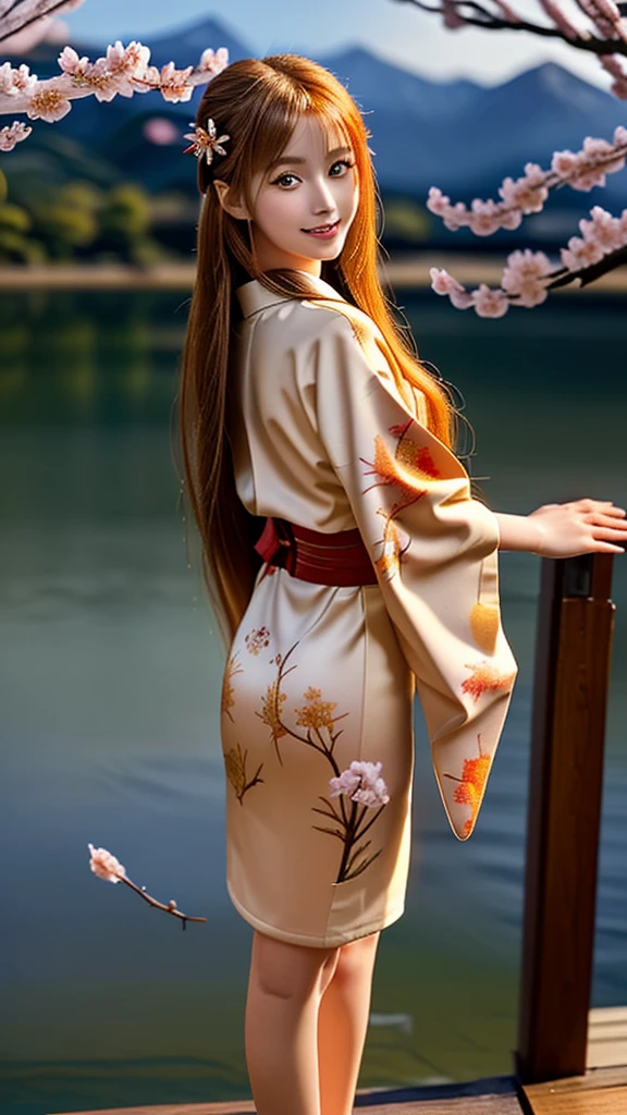 Asuna, masterpiece, Highest quality, detailed, (One girl), alone, detailed golden eyes, Long Hair, Are standing, Close to the audience, (detailed kimono), A light smile, Medium chest,  (Put your arms behind your back), water, sunset, (hair ornaments), (Cherry blossoms bloom),  Lake with snowy mountains in the background