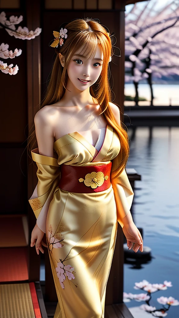 Asuna, masterpiece, Highest quality, detailed, (One girl), alone, detailed golden eyes, Long Hair, Are standing, Close to the audience, (detailed kimono), A light smile, Medium chest,  (Put your arms behind your back), water, sunset, (hair ornaments), (Cherry blossoms bloom),  Lake with snowy mountains in the background