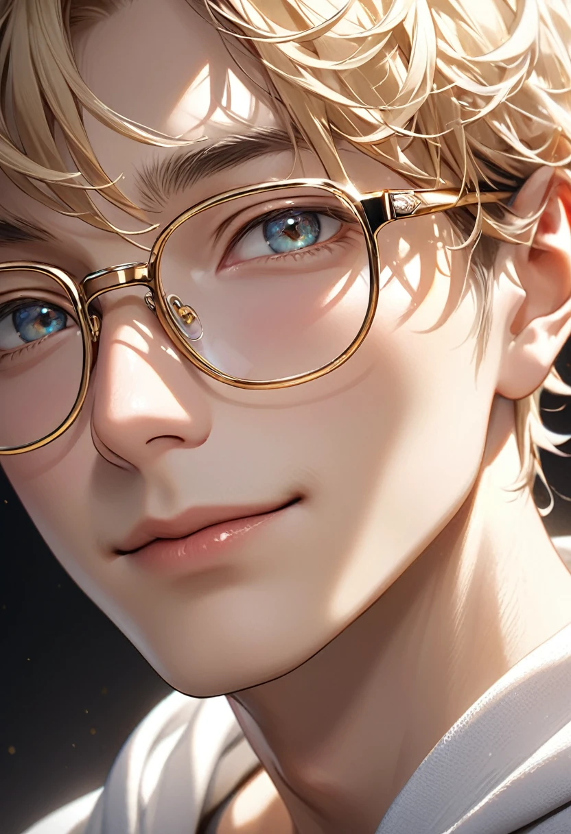 A handsome mature young boy wearing gold-rimmed glasses takes a photo of his face. Close-up of a blond-haired man wearing gold-rimmed glasses( perfect anatomy ) Face side close-up.
Detailed face. realistic eyes. The face and eyes are very detailed. Delicate skin.、Delicate skin texture smile,
White hoodie dark shadow background, soft light, Professional photography master'Artworks, texture, complicated, Clear,
High-quality masterpieces,Extremely complicated and exquisitely detailed, Super detailed, Super detailed digital art