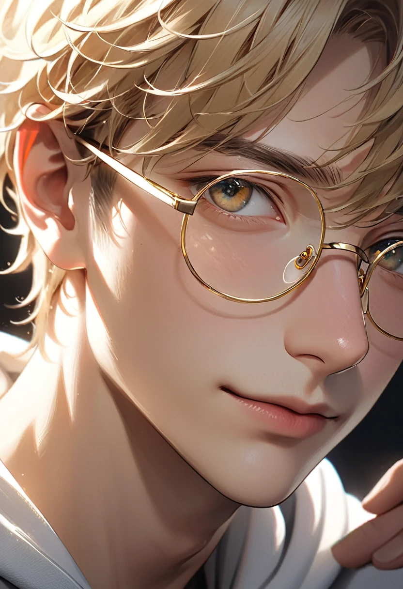 A handsome mature young boy wearing gold-rimmed glasses takes a photo of his face. Close-up of a blond-haired man wearing gold-rimmed glasses( perfect anatomy ) Face side close-up.
Detailed face. realistic eyes. The face and eyes are very detailed. Delicate skin.、Delicate skin texture smile,
White hoodie dark shadow background, soft light, Professional photography master'Artworks, texture, complicated, Clear,
High-quality masterpieces,Extremely complicated and exquisitely detailed, Super detailed, Super detailed digital art