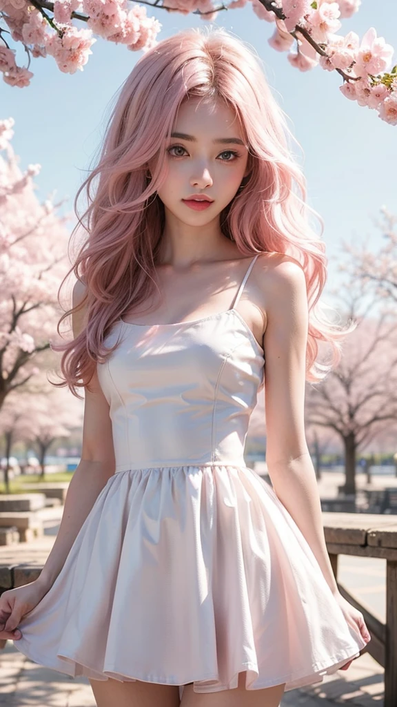 Light pink hair, pink eyes, pink and white, sakura leafs, vivid colors, white dress, paint splash, simple background, ray tracing, wavy hair
