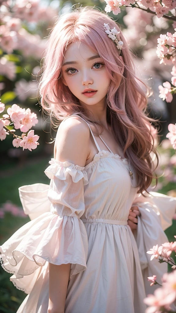 Light pink hair, pink eyes, pink and white, sakura leafs, vivid colors, white dress, paint splash, simple background, ray tracing, wavy hair