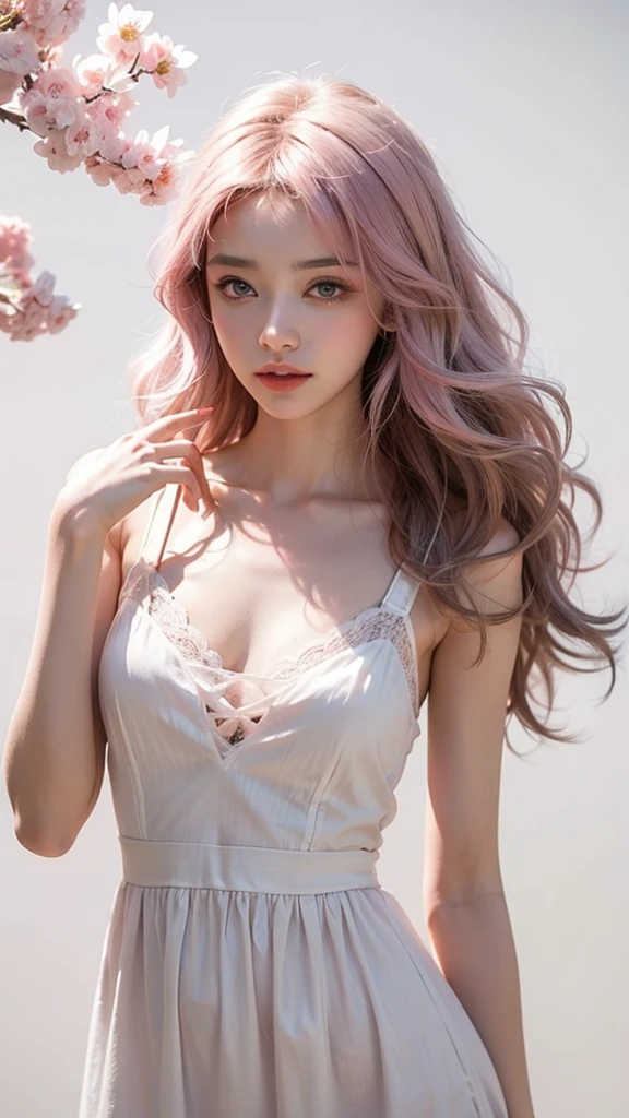 Light pink hair, pink eyes, pink and white, sakura leafs, vivid colors, white dress, paint splash, simple background, ray tracing, wavy hair