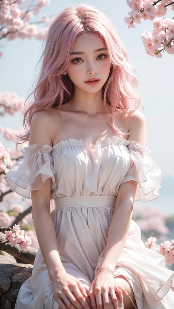 Light pink hair, pink eyes, pink and white, sakura leafs, vivid colors, white dress, paint splash, simple background, ray tracing, wavy hair