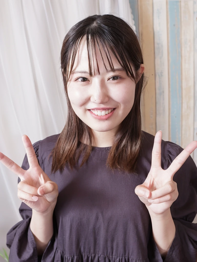 arafed woman with two fingers up in the air, japanese woman, chiho, of a youthful japanese girl, a young asian woman, japanese facial features, young asian woman, an asian woman, ethnicity : japanese, japanese model, portrait of a japanese teen, beautiful japanese girls face, smiling young woman, with index finger