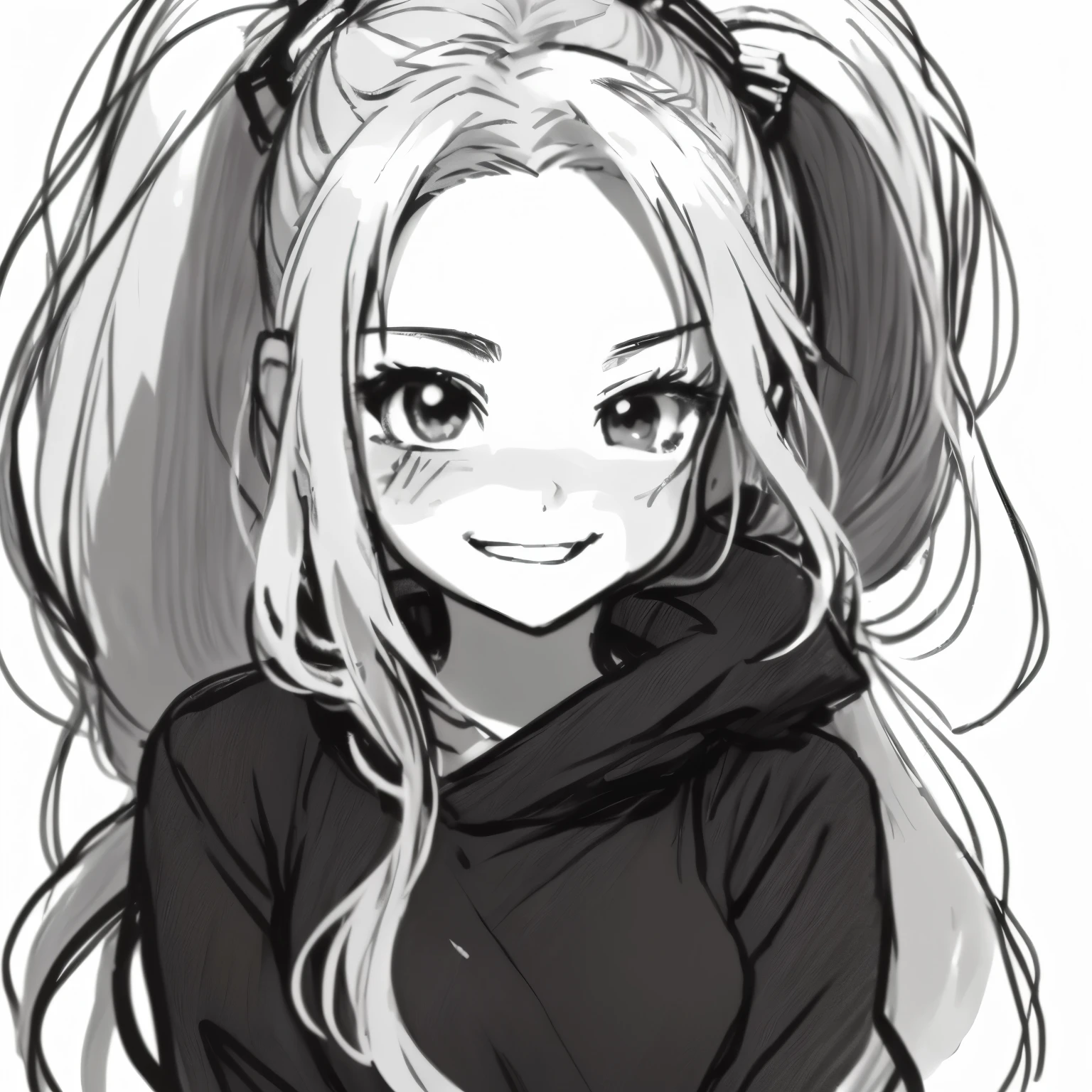 (nsfw) not safe for work, a drawing of one with long hair and a ponytail, [[[[grinning wickedly]]]], sketchy art style, in anime style, she has a cute and expressive face, small  , anime sketch, , flat anime style shading, anime style portrait, anime portrait, , smile expression